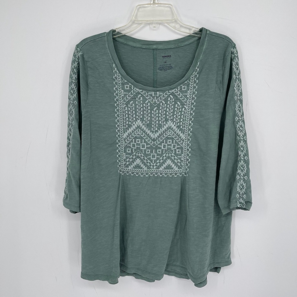 Sonoma Women's Green Embroidered Slub Knit 3/4 Sleeve Boho Top Plus Size 1X